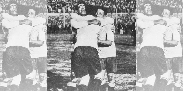 Lorenzo Fernandez, Pedro Cea and Hector Scarone of the Uruguayan national team celebrating winning the first World Cup in 1930 in Montevideo.