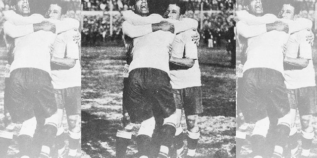 Lorenzo Fernandez, Pedro Cea and Hector Scarone of the Uruguayan national team celebrating winning the first World Cup in 1930 in Montevideo.