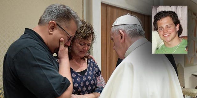 Pope Francis meets Nick and Jodi Solomon, the parents of Beau Solomon, on July 6, 2016.