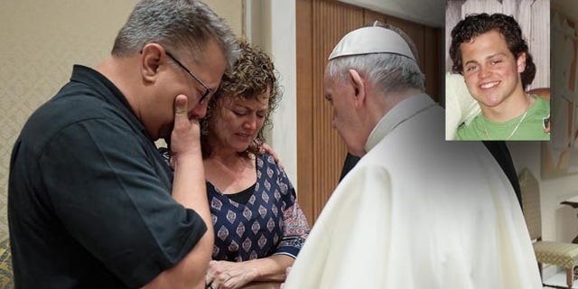 Pope Francis meets Nick and Jodi Solomon, the parents of Beau Solomon, on July 6, 2016.