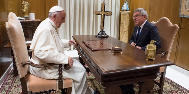 Pope Francis meets Thomas Bach, President of the International Olympic Committee, on Wednesday, Oct. 5, 2016.