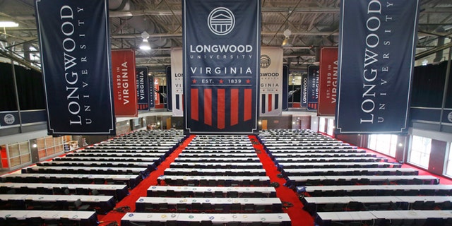 Tables are in place for the media for the Oct. 4 vice presidential debate at Longwood University in Farmville, Va.