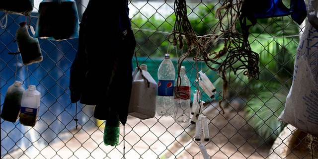 Aug. 26, 2014: Plastic bottles and syringes hang from a fence around a stable at La Rinconada racetrack in Caracas, Venezuela.