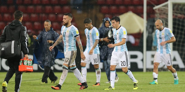 Argentina's players after a 2018 World Cup qualifying soccer match against Venezuela, Tuesday, Sept. 6, 2016.