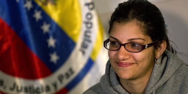 Nairobi Pinto gives a press conference following her release in Caracas, Venezuela, Monday, April 14, 2014.