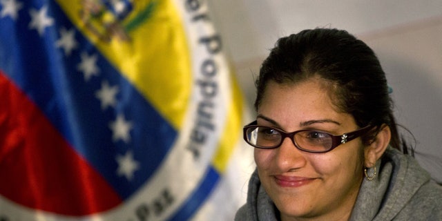 Nairobi Pinto gives a press conference following her release in Caracas, Venezuela, Monday, April 14, 2014.