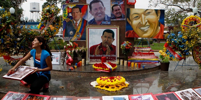 A woman wipes photos of late President Hugo Chavez at a makeshift altar set in his honor at the main square of Sabaneta, western Venezuela on Saturday, March 9, 2013. Chavez, who died of cancer on March 5, 2013 was born in Sabaneta. His former home has been turned into the local headquarters of the United Socialist Party of Venezuela, PSUV. (AP Photo/Esteban Felix)