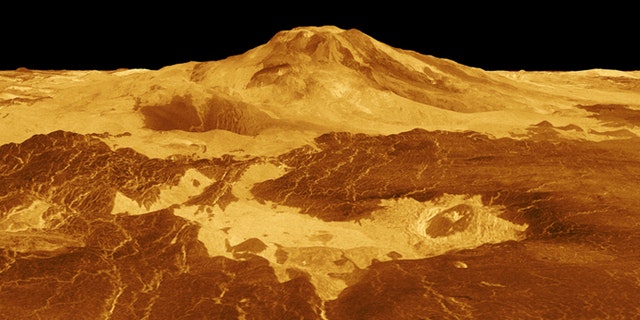 Lava flows extend for hundreds of miles across the fractured plains at the base of volcano Maat Mons, seen in this computer generated three-dimensional perspective of the surface of Venus.