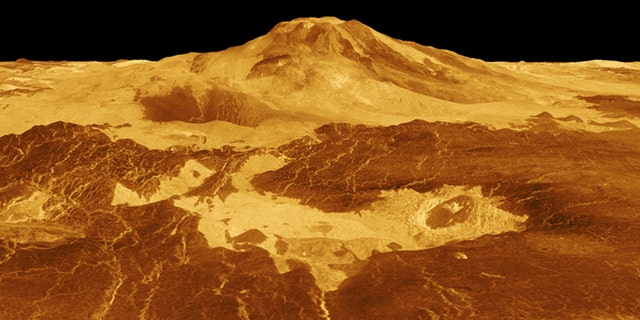 Lava flows extend for hundreds of miles across the fractured plains at the base of volcano Maat Mons, seen in this computer generated three-dimensional perspective of the surface of Venus.