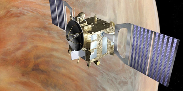An artist's interpretation of the European Space Agency's (ESA) Venus Express spacecraft orbiting the second planet in our Solar System.