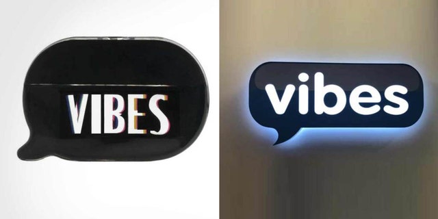 Kim's perfume bottle, left, and the Vibes Media logo, right.