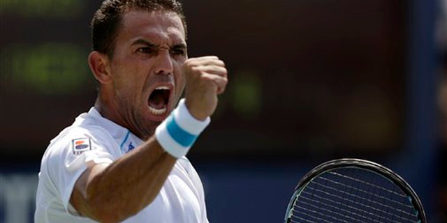 El dominicano VÃctor Estrella durante el partido ante el holandés Igor Sijsling en la primera ronda del Abierto de Estados Unidos el martes 26 de agosto de 2014. (AP Foto/Darron Cummings)