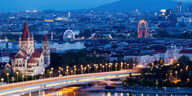 Vienna, aerial view at night