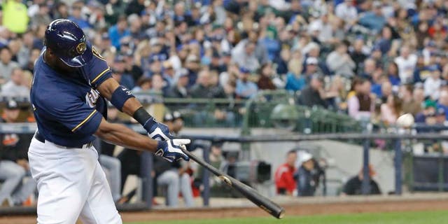 Sunday, May 1: The Milwaukee Brewers' Chris Carter hits a two-run home run during the third inning against the Miami Marlins in Milwaukee. Carter had two homers in the 14-5 win.