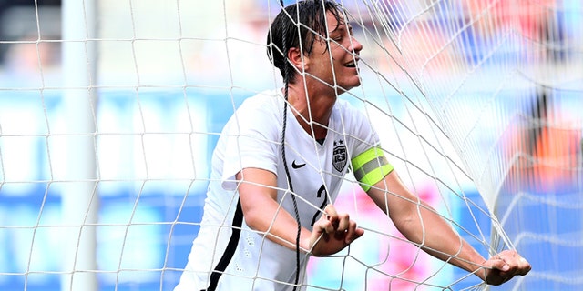 HARRISON, NJ - MAY 30: Abby Wambach #20 of United States reacts after missing a shot in the first half against South Korea during their international friendly match at Red Bull Arena on May 30, 2015 in Harrison, New Jersey. (Photo by Elsa/Getty Images)