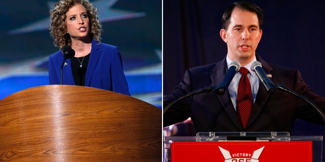 Rep. Debbie Wasserman Schultz addresses delegates during the final session of the Democratic National Convention in Charlotte, North Carolina September 6, 2012 and Wisconsin Gov. Scott Walker speaks at the Republican National Committee summer meetings in Chicago on Friday, Aug. 8, 2014. Reuters/AP