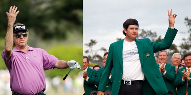 Left: Miguel Angel Jiménez of Spain, with a chance to become the oldest winner of a golf major, urges his ball on during the fourth round of the Masters golf tournament Sunday in Augusta, Ga. (AP Photo/David J. Phillip) Right: Bubba Watson waves after being presented with his green jacket for winning the Masters golf tournament Sunday, April 13, 2014. (AP Photo/Matt Slocum)