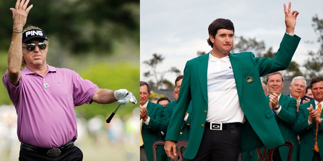 Left: Miguel Angel Jiménez of Spain, with a chance to become the oldest winner of a golf major, urges his ball on during the fourth round of the Masters golf tournament Sunday in Augusta, Ga. (AP Photo/David J. Phillip) Right: Bubba Watson waves after being presented with his green jacket for winning the Masters golf tournament Sunday, April 13, 2014. (AP Photo/Matt Slocum)