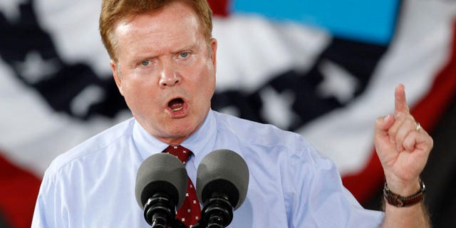 FILE - This Sept. 27, 2012, file photo shows now retired Sen. Jim Webb, D-Va., as he speaks during a rally for President Barack Obama in Virginia Beach, Va. (AP Photo/Steve Helber, File)