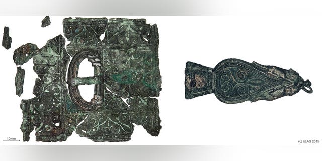 The Late Roman belt — including a buckle, belt plate and strap end — that researchers found in skeleton 23.