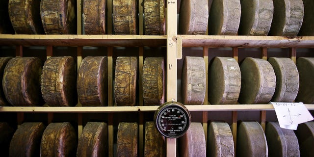 SONOMA, CA - JUNE 10: Wheels of jack cheese age on wooden racks in a cooler at Vella Cheese on June 10, 2014 in Sonoma, California. The Food and Drug Administration (FDA) has issued an executive decree to ban the use of wooden boards to age cheese, a move that could be a huge blow to artisan cheesamkers who use wooden racks to age their non-processed cheese. (Photo by Justin Sullivan/Getty Images)