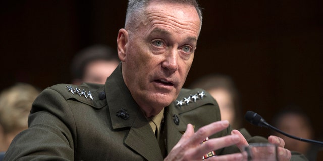 FILE - In this July 9, 2015, file photo, then-Marine Corps Commandant Gen. Joseph Dunford, Jr., testifies during his Senate Armed Services Committee confirmation hearing to become the Chairman of the Joint Chiefs of Staff, on Capitol Hill in Washington. (AP Photo/Cliff Owen, File)