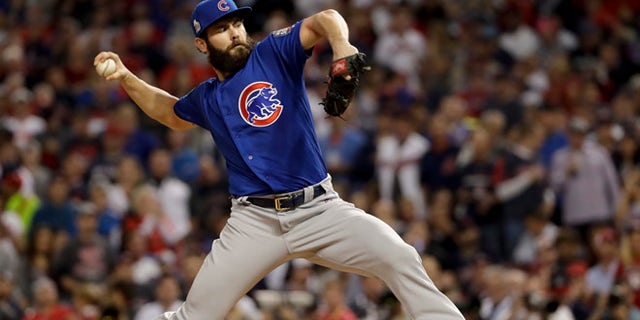 Jake Arrieta during the first inning of Game 6 of the MLB World Series Tuesday, Nov. 1, 2016, in Cleveland.