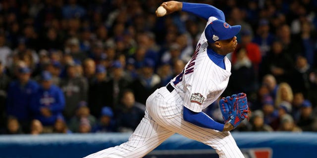 Chicago Cubs relief pitcher Aroldis Chapman on Sunday, Oct. 30, 2016, in Chicago.