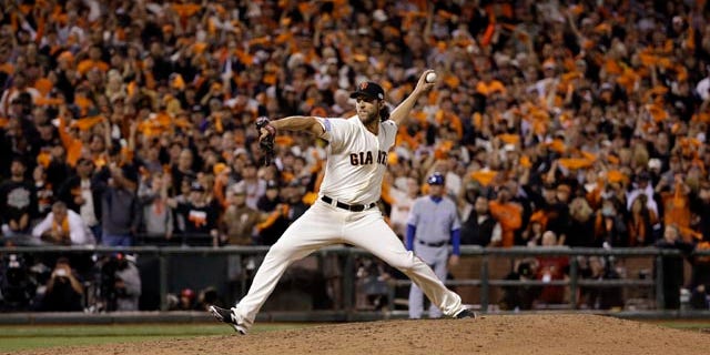 October 26, 2014: San Francisco Giants pitcher Madison Bumgarner throws during the eighth inning of Game 5 of baseball's World Series against the Kansas City Royals in San Francisco. (AP Photo/David J. Phillip)