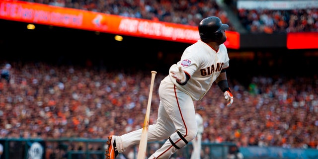 Oct. 24, 2012: San Francisco Giants' Pablo Sandoval (48) watches his solo home run against the Detroit Tigers in the first inning during Game 1 of baseball's World Series in San Francisco.