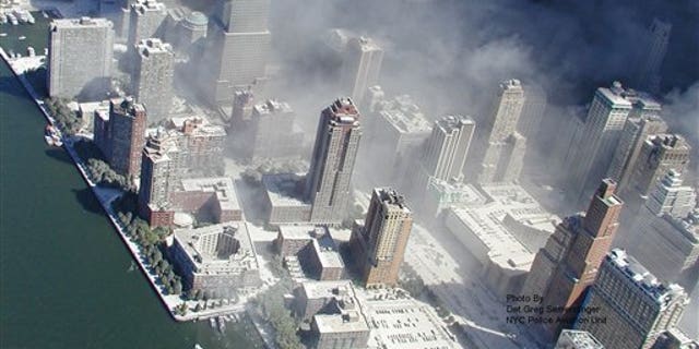 Photo taken Sept. 11, 2001 by the New York City Police Department shows smoke billowing from the grounds of World Trade Centerfollowing the 9/11 attacks.