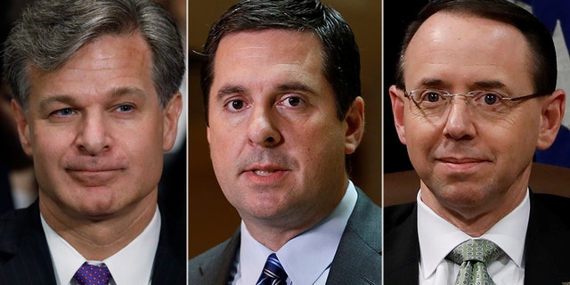 Congressional investigators, such as Republican chairman of the House Intelligence Committee, Devin Nunes (center), are still facing roadblocks over FBI records, despite promises of cooperation from FBI Director Christopher Wray (left) and Deputy Attorney General Rod Rosenstein (right).