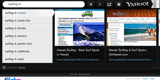 May 24, 2012: Yahoo's "Axis" app for iPad, also available for iPhone and iPod Touch, alters browsers made by other companies so search results can be displayed in a more convenient and compelling format.