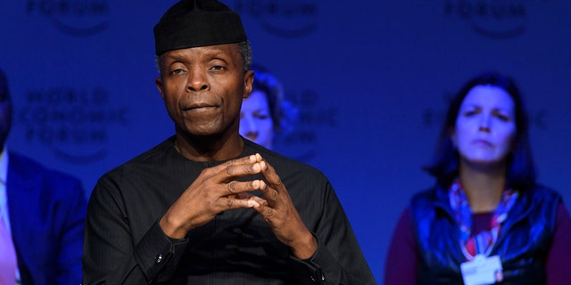 Yemi Osinbajo, Vice-President of Nigeria, attends a panel session during the Annual Meeting of the World Economic Forum, WEF, in Davos, Switzerland, Wednesday, Jan. 24, 2018. (Laurent Gillieron/Keystone via AP)