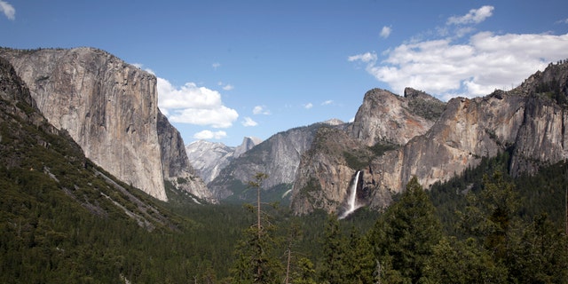 May 17, 2009: Water cascades from Bridalveil Fall from Tunnel View in Yosemite National Park, California.