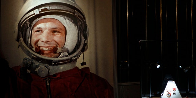 An undated portrait of the first man in space, Yuri Gagarin, and his award of the Hero of the Soviet Union, at right, part of an exhibition dedicated to the 50th anniversary of the first man in space, in Moscow, Russia, Monday, April 11, 2011.