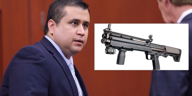 A photo composite of George Zimmerman during his trail for the murder of Trayvon Martin and a photo of the Kel-Tec KSG pump-action tactical shotgun. (Photo by Joe Burbank-Pool/Getty Images) (Wikicommons/Не указан).