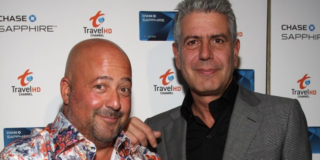 Chefs Andrew Zimmern and Anthony Bourdain attend the Chase Sapphie Card Launch at Weather Room at Top of the Rock on October 22, 2009 in New York City.