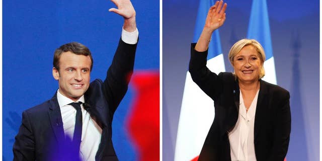 In this photo combination, French centrist presidential candidate Emmanuel Macron waves before he addresses his supporters at his election day headquarters in Paris, Sunday April 23, 2017, left, and far-right candidate for the presidential election Marine Le Pen waves at supporters after she delivers a speech during a meeting in Bordeaux, southwestern France, Sunday, April 2, 2017, right. (AP Photo/ Christophe Ena/ Bob Edme)