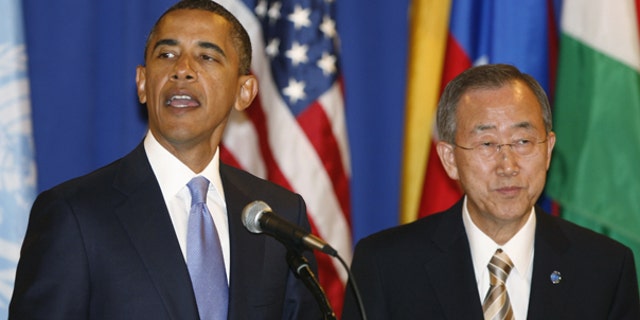 Sept. 23: President Obama gives a toast at a lunch hosted by United Nations Secretary-General Ban Ki-moon, right, during the 65th session of the U.N. General Assembly at U.N. headquarters.