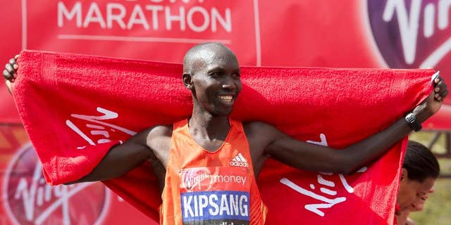 Wilson Kipsang of Kenya crosses the finish line to win the men's 2012 London Marathon on April 22