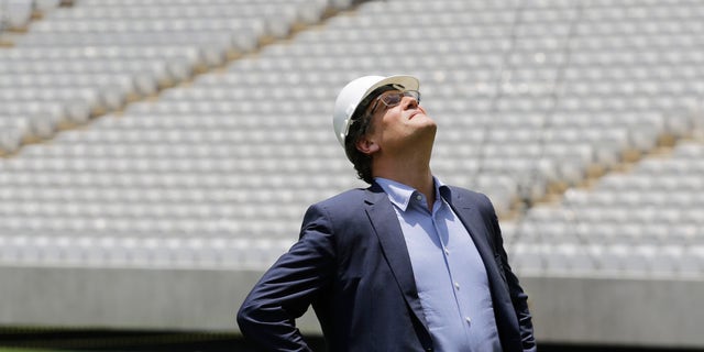 Jerome Valcke, Secretary General of FIFA is seen during an inspection tour of Arena de Sao Paulo stadium, in Sao Paulo, Brazil, Monday, Jan. 20, 2014. Members of FIFA and the 2014 WCup Local Organizing Committee started an inspection tour of stadiums in host cities across Brazil. (AP Photo/Nelson Antoine)