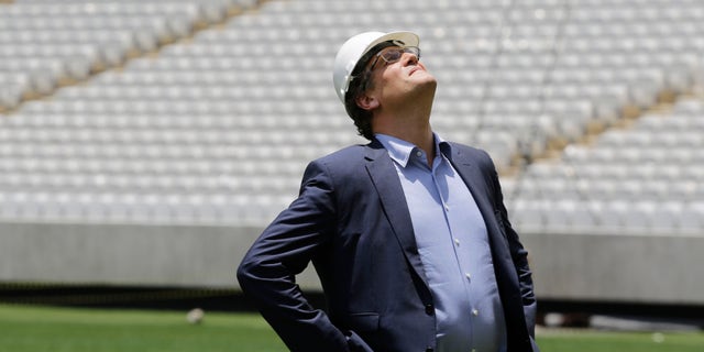 Jerome Valcke, Secretary General of FIFA is seen during an inspection tour of Arena de Sao Paulo stadium, in Sao Paulo, Brazil, Monday, Jan. 20, 2014. Members of FIFA and the 2014 WCup Local Organizing Committee started an inspection tour of stadiums in host cities across Brazil. (AP Photo/Nelson Antoine)