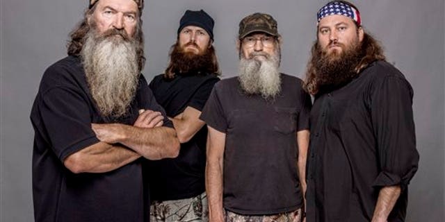 This 2012 photo released by A&amp;E shows, from left, Phil Robertson, Jase Robertson, Si Robertson and Willie Robertson from the A&amp;E series, 'Duck Dynasty.'