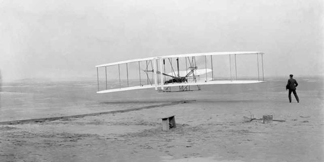 Dec. 17 1903: The first flight by Wright brothers Ovrville and Wilbur, at Kitty Hawk, North Carolina.