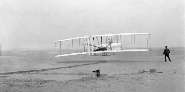 Dec. 17 1903: The first flight by Wright brothers Ovrville and Wilbur, at Kitty Hawk, North Carolina.