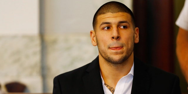 Aaron Hernandez during a hearing on August 22, 2013 in North Attleboro, Massachusetts.