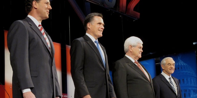 Jan. 23, 2012: Rick Santorum, Mitt Romney, Newt Gingrich and Ron Paul take the stage in Florida for the latest Republican presidential debate.