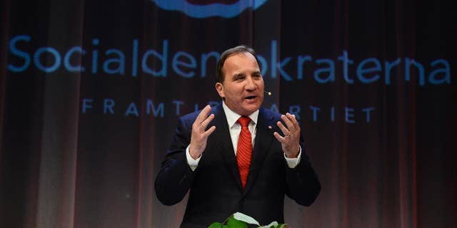 Opposition leader Stefan Lofven speaks at the election night party of the Social Democrats, in Stockholm, Sweden, on Sunday, Sept. 14, 2014. Sweden's Social Democrats were poised to return to power as the leaders of a left-leaning bloc that defeated the center-right government in a parliamentary election Sunday, but without an absolute majority.  (AP Photo / News Agency TT, Jonas Ekstromer) SWEDEN OUT