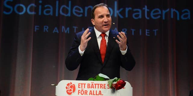 Opposition leader Stefan Lofven speaks at the election night party of the Social Democrats, in Stockholm, Sweden, on Sunday, Sept. 14, 2014. Sweden's Social Democrats were poised to return to power as the leaders of a left-leaning bloc that defeated the center-right government in a parliamentary election Sunday, but without an absolute majority. (AP Photo / News Agency TT, Jonas Ekstromer) SWEDEN OUT